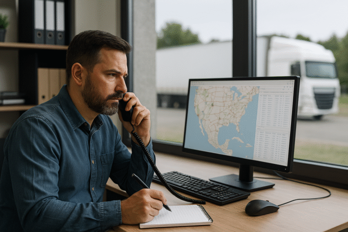 Flat-style illustration of a dispatcher managing freight dispatching services with a truck on the road and a U.S. route map on the computer screen.