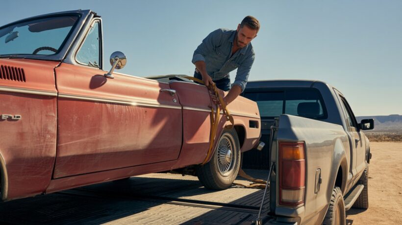 A man securing a vintage red convertible onto a trailer with tie-down straps, demonstrating careful car transport and logistics.