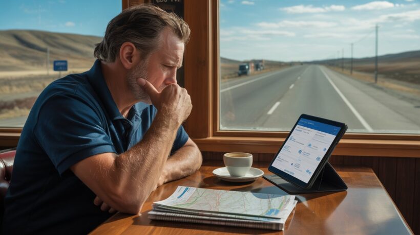 Truck driver reviewing freight dispatching services on a digital tablet with route maps in a roadside diner.